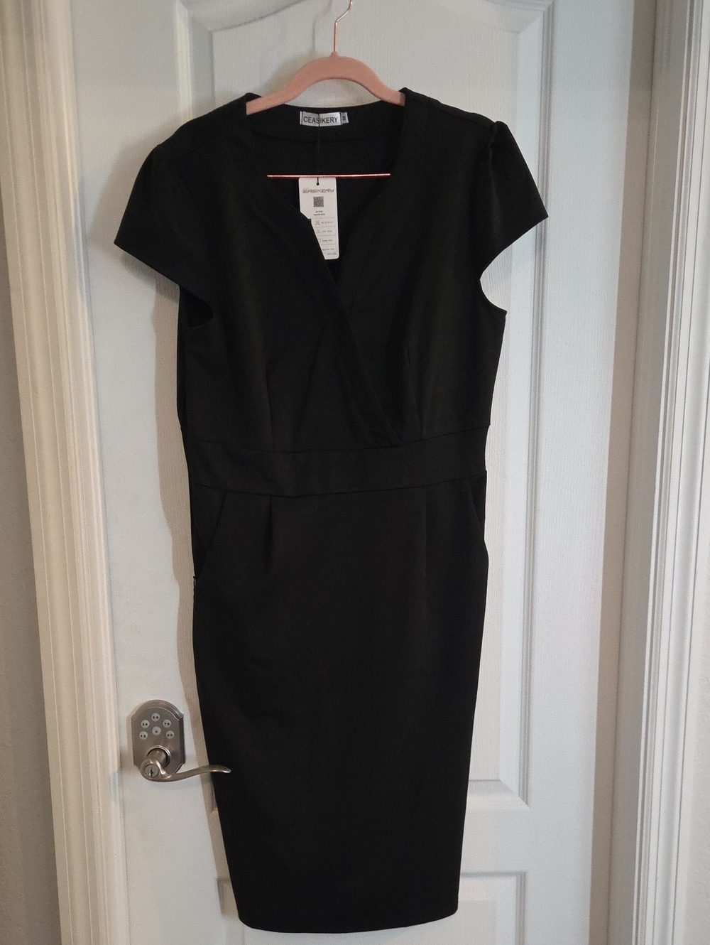 Amazon Black V-Neck Cap-Sleeve Midi Sheath Dress